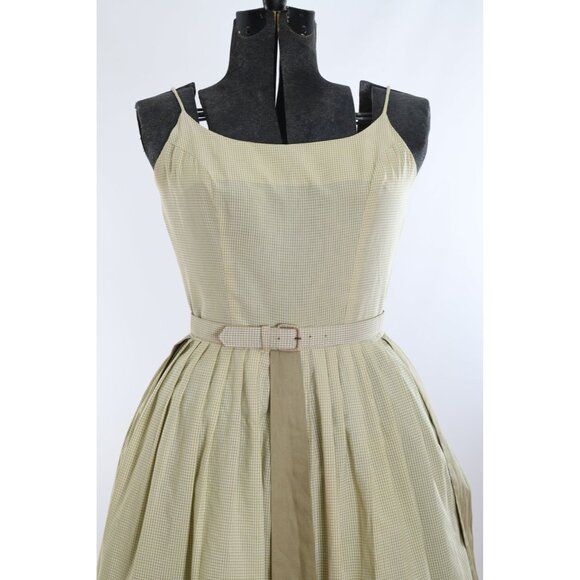 Vintage Late 50s Early 60s Small Green Gingham Sleeveless Sundress - Picture 3 of 10